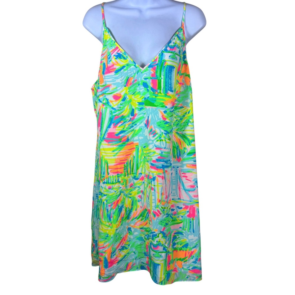 Lilly Pulitzer Silk Slip Dress Neon Tropical Abstract Print V-Neck Womens Large